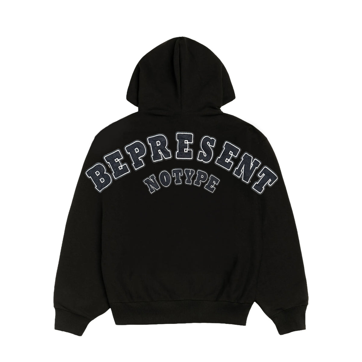 NoType BE PRESENT zip-up hoodie in black, back view with BE PRESENT NOTYPE arc applique