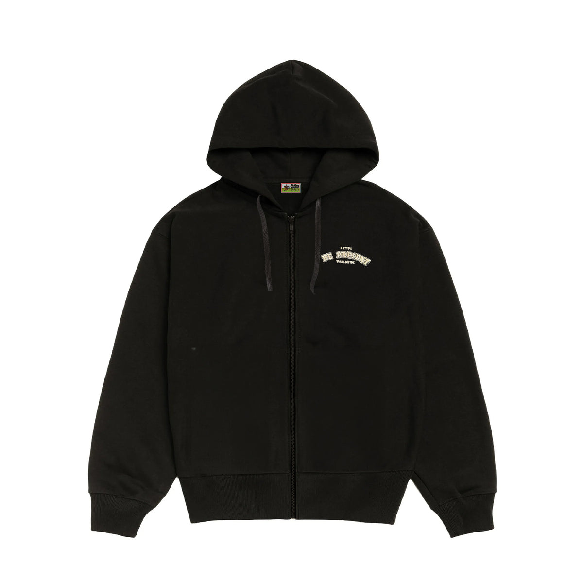 NoType BE PRESENT zip-up hoodie in black, front view with chenille chest applique