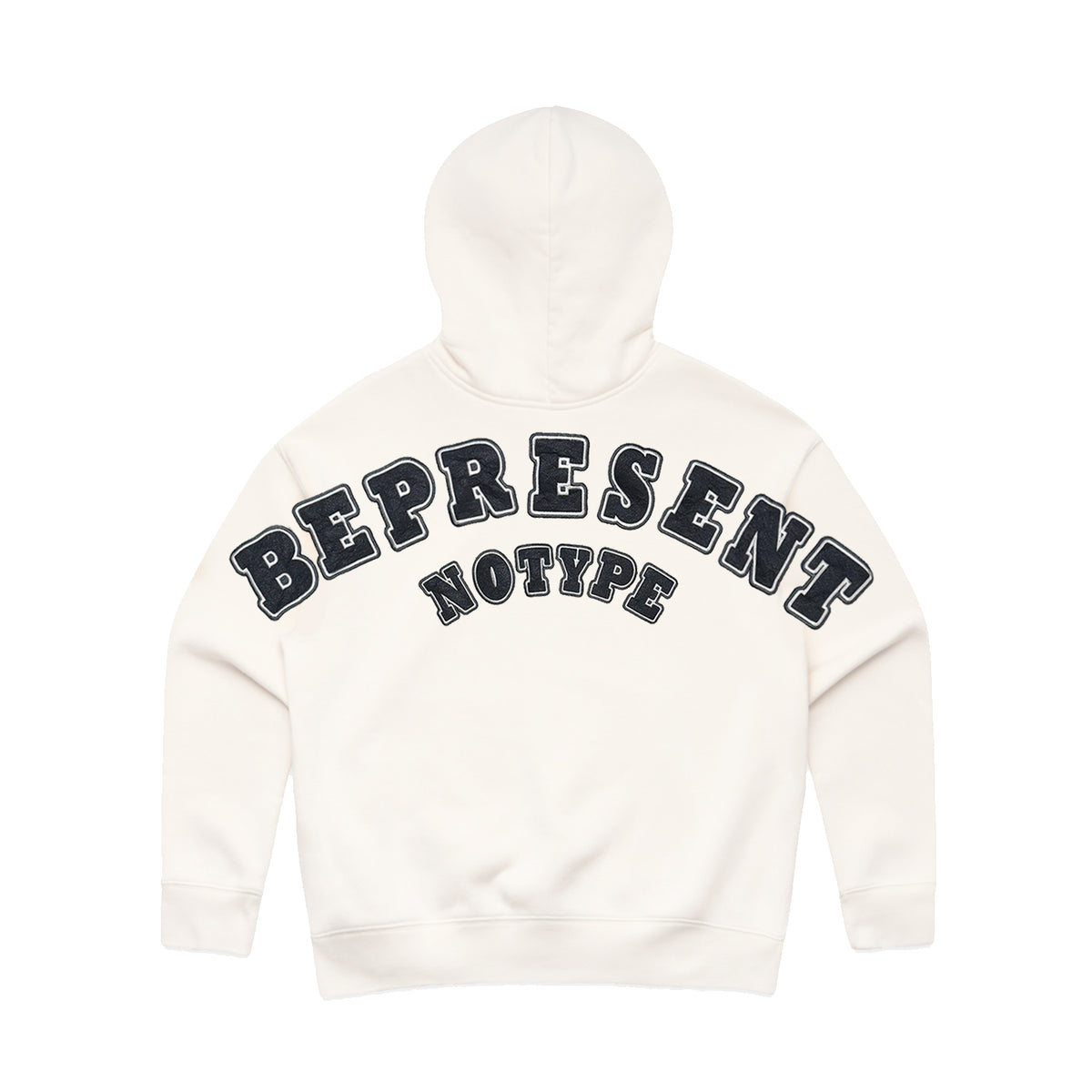 NoType BE PRESENT zip-up hoodie in ecru, back view with BE PRESENT NOTYPE arc applique
