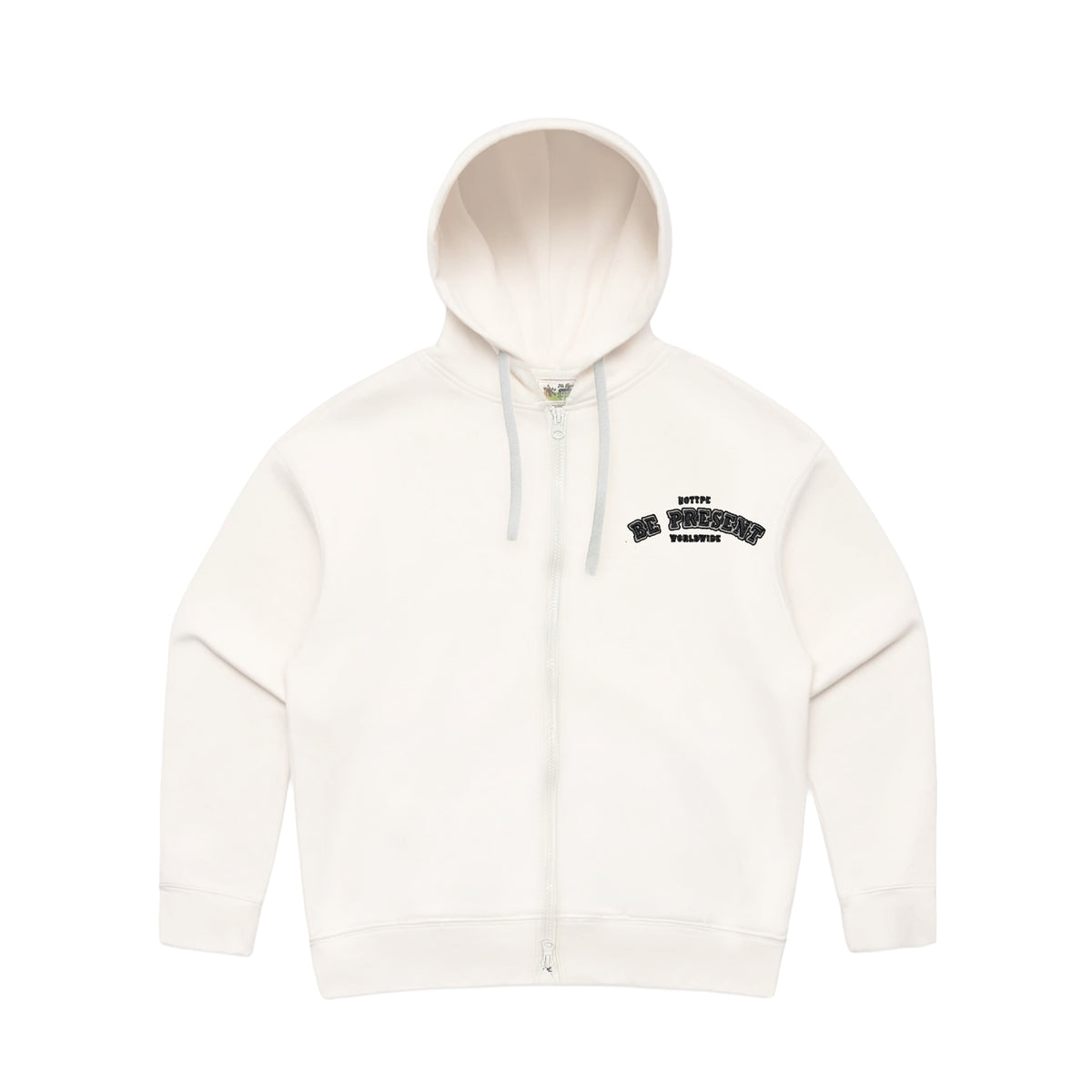 NoType BE PRESENT zip-up hoodie in ecru, front view with chenille chest applique
