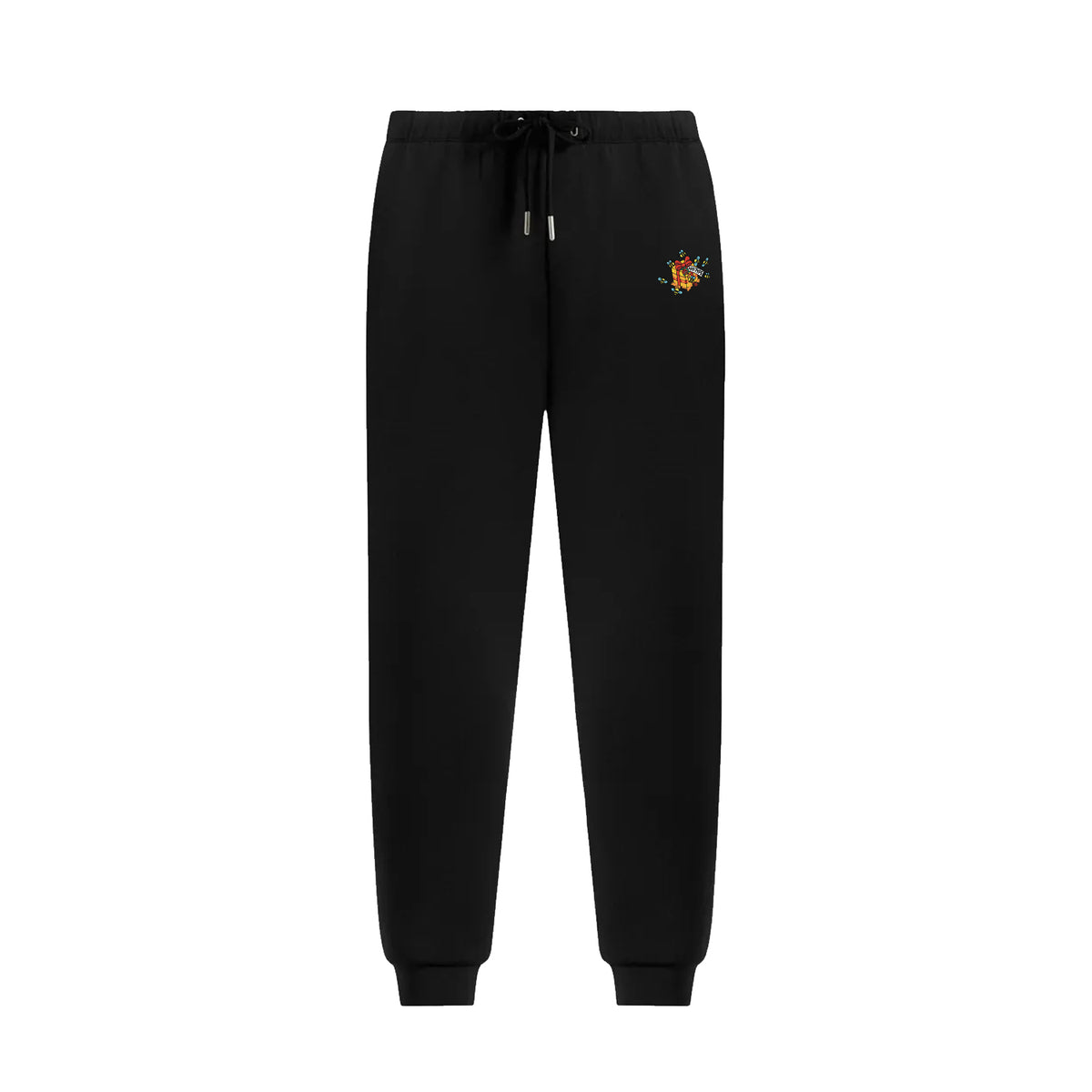 NoType Sweatpants in black, front view with embroidered gift box and bees graphic