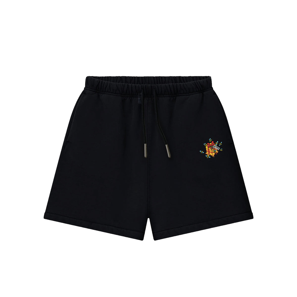 NoType Sweat Shorts in black, front view with embroidered gift box and bees graphic
