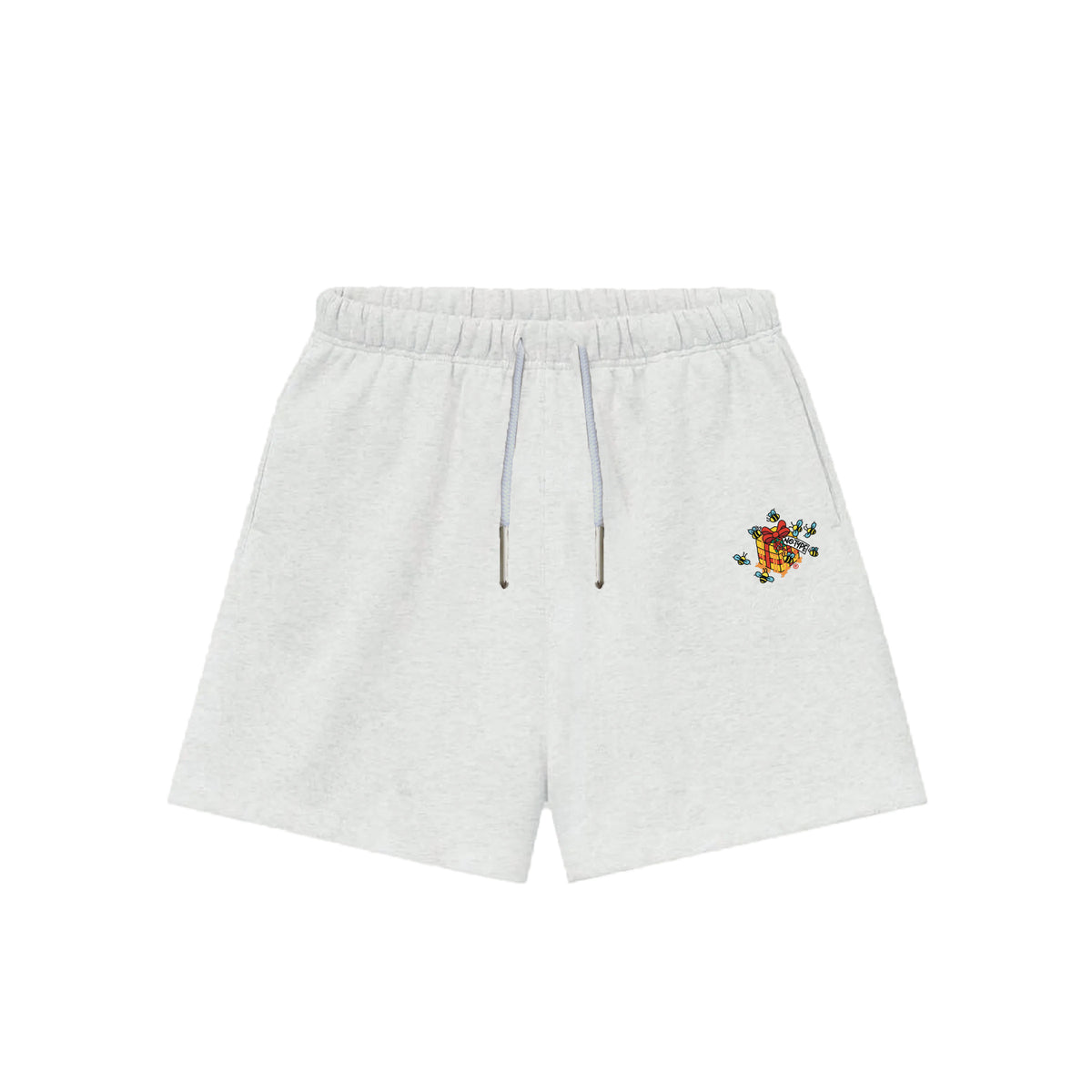 NoType Sweat Shorts in white marle, front view with embroidered gift box and bees graphic