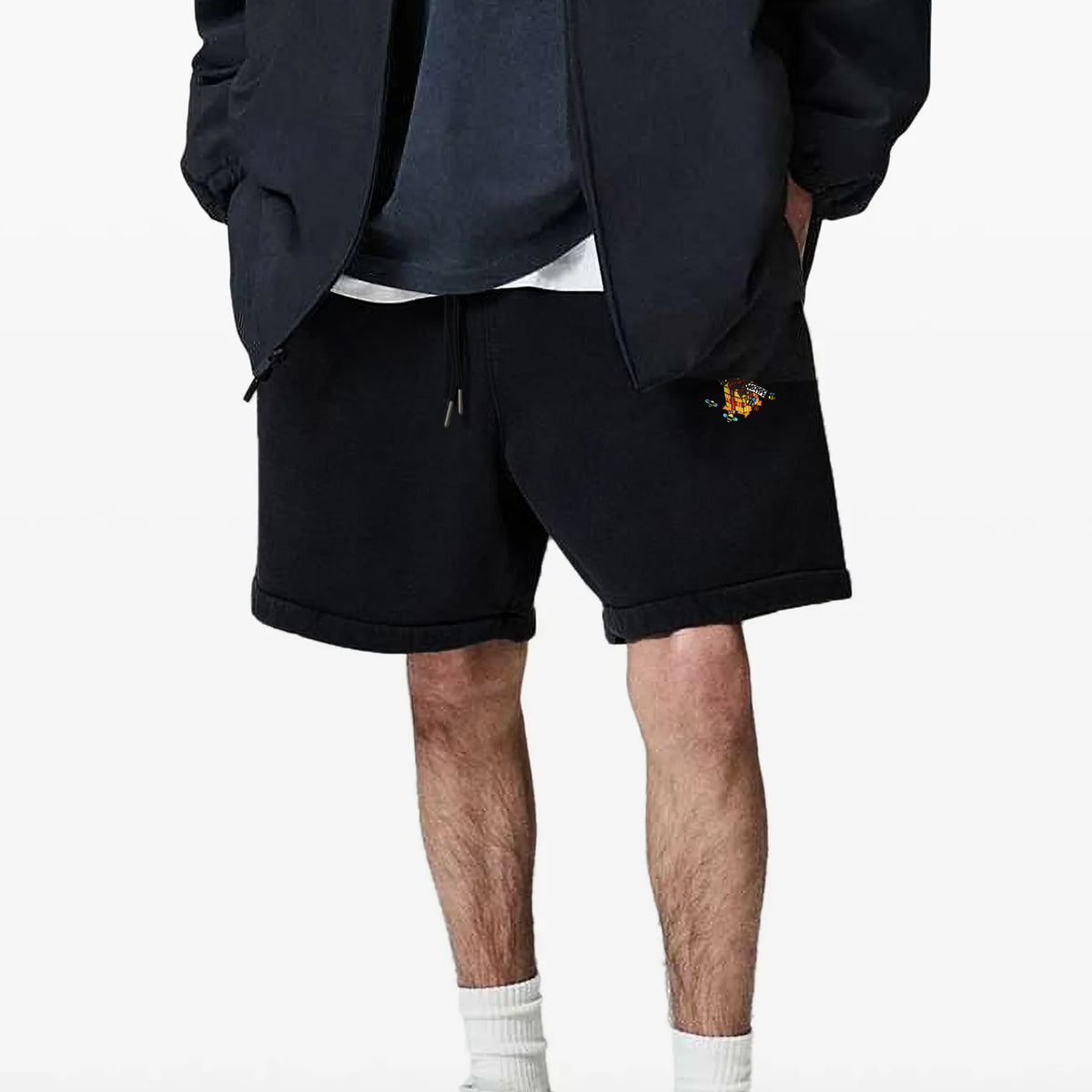 NoType Sweat Shorts in black worn by a model, back view